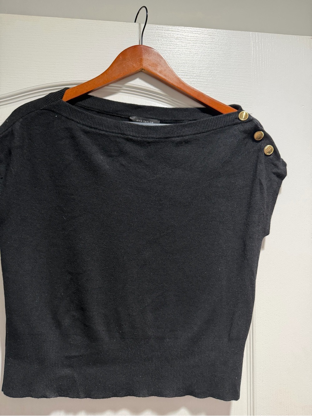 Ann Taylor Black Short-Sleeve Knit Top with Gold Shoulder Buttons